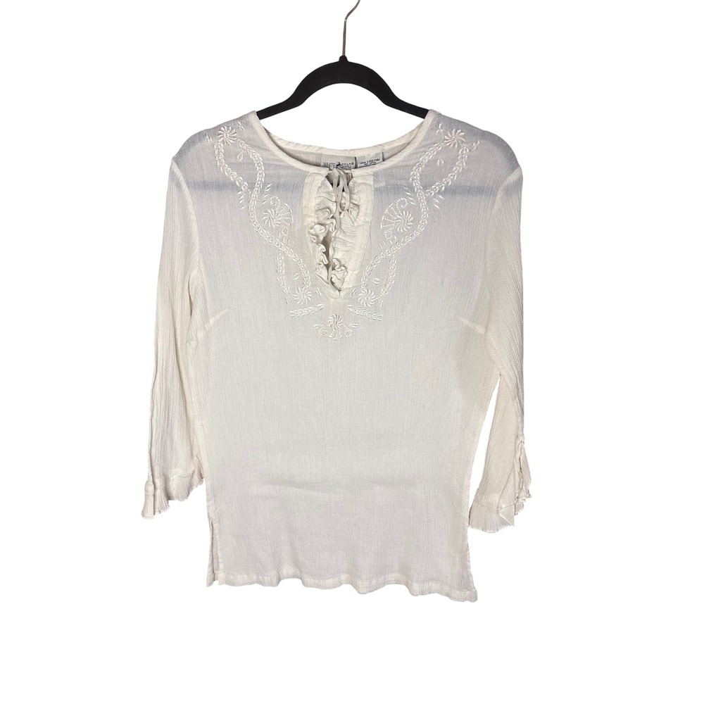 White Stag Women L Embroidered Gauze Cotton Blouse Tusk Boho Ruffle Neck Top
